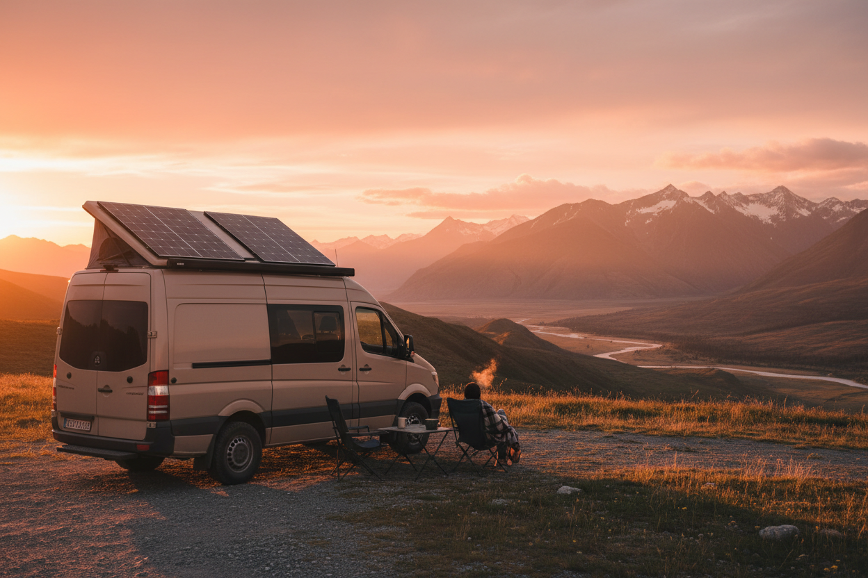 Parked camper van in an outdoor landscape